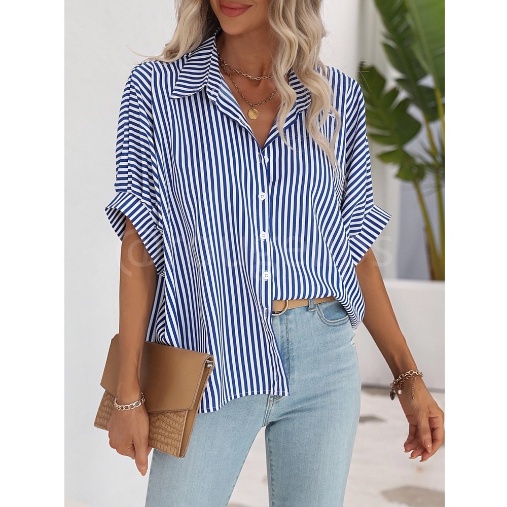 Striped Blue White Button Up Front Shirt Oversized Half Sleeve Collar - Picture 6 of 9